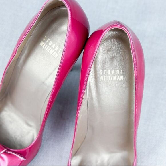 Stuart Weitzman Hot Pink Patent Leather Peep-Toe Heels with Bow, size US 10 - Picture 10 of 11